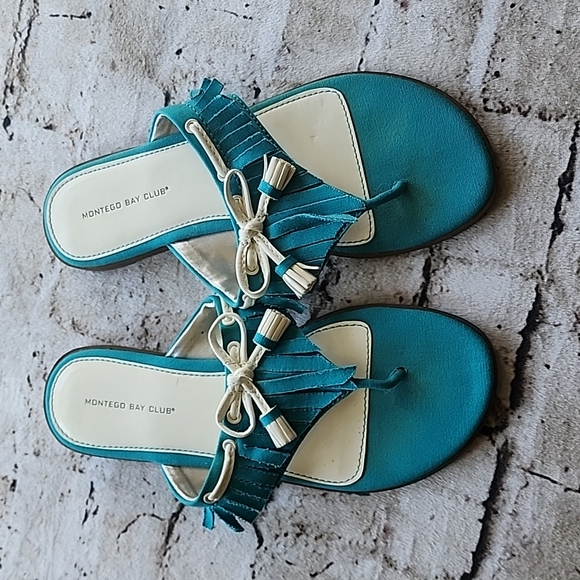 Montego Bay Club Teal & White Tassle Sandals - BoatShoe style sz 9 - Picture 2 of 3